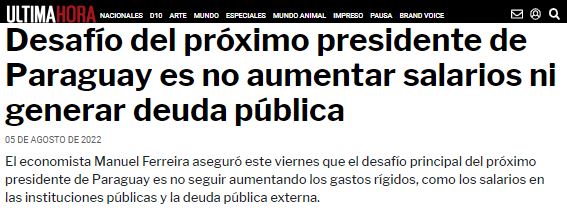 Desafío del próximo presidente de Paraguay es no aumentar salarios ni generar deuda pública